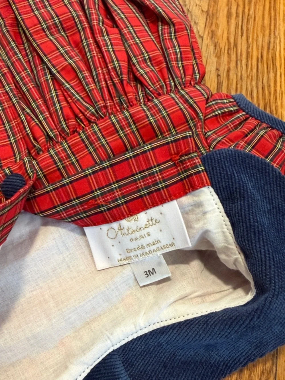 Antoinette Paris red tartan Plaid Smocked Baby Romper bubble 3 months